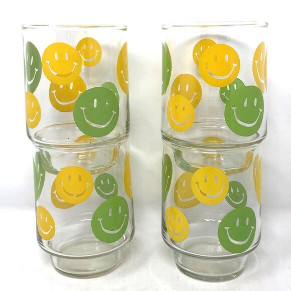 4 VTG 70s LIBBEY SMILEY FACE Stackable Glass Tumblers Green & Yellow 4 1/4" MCM - Picture 1 of 10